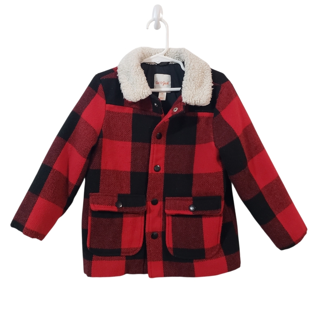 CAT & JACK Toddler Boys Red Black Buffalo Plaid Faux Fur Jacket Size 4T Snaps